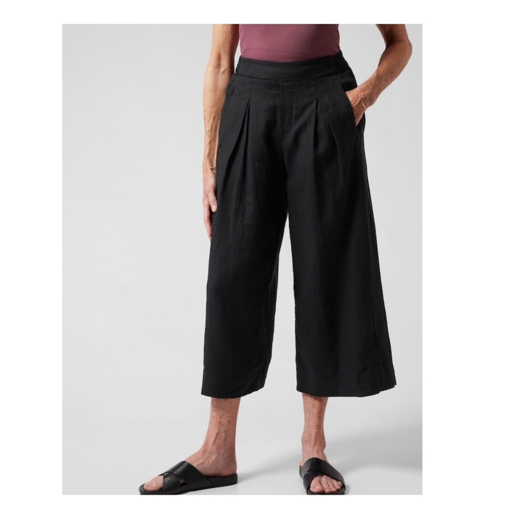 Playa Linen Wide Crop Pantalon 3/4 Pleated Elastic Waist 8T